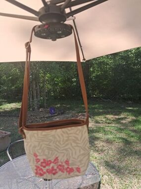 Cream Floral Crossbody Bag with Brown Strap